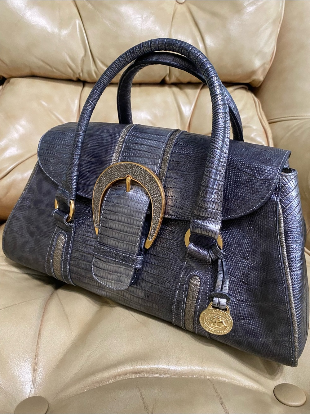 Vintage Brahmin Large Doctor Bag Buckle Metallic Blue/Gray Leather Lizard/Snake